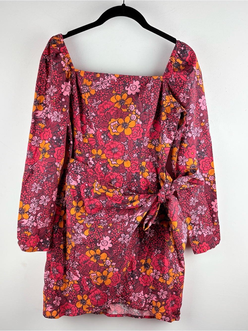 Anthropologie RAHI Retro Floral Tie Waist Bow Mini Dress XS Boho Cottage Hippie